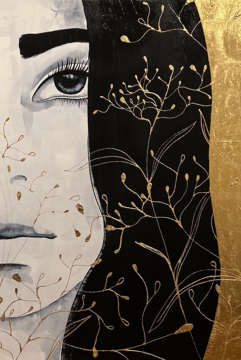 L'immortelle XX / Mixed Media with 24 karat gold leaf portrait art by Ramona RUSSU.