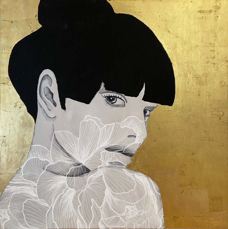 Peonies in lockdown / Mixed Media with 24 karat gold leaf portrait art by Ramona RUSSU/ Gallery RED