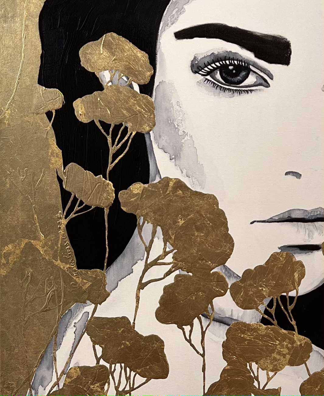 L'immortelle II / Mixed Media with 24 karat gold leaf portrait art by Ramona RUSSU.